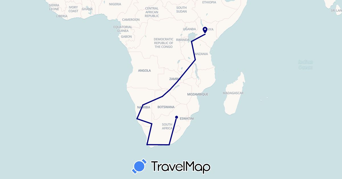 TravelMap itinerary: driving in Botswana, Kenya, Namibia, Tanzania, South Africa, Zambia (Africa)